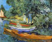 Riverbank with Rowboats and Three Figures